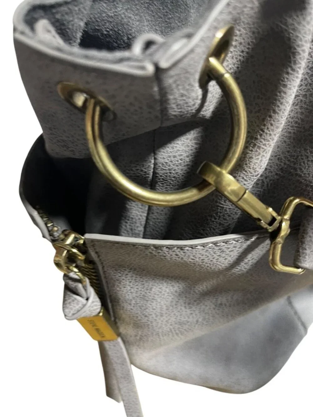 Steve Madden Drew Hobo Bag Gray Faux Leather Shoulder Bag With Gold Accents - Picture 12 of 16